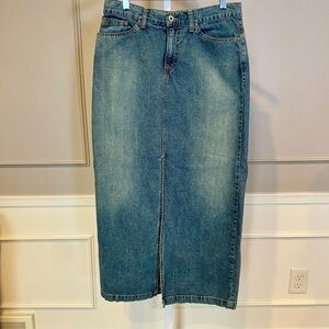 Lucky Brand 90s Denim Jean Maxi Skirt Front Slit 8 29 Made in USA Long Y2K